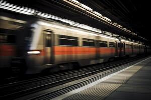 rápido Moviente tren en el estación, creado con generativo ai foto