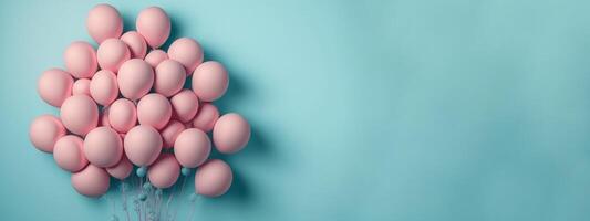 Bunch of pink balloons on the pastel blue background, created with photo