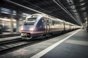 rápido Moviente tren en el estación, creado con generativo ai foto