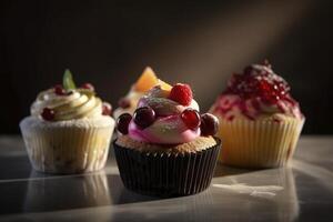 Delicious cupcakes with fruits on the desk, created with photo