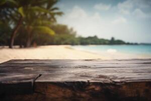 Wooden table on the tropical beach, created with photo