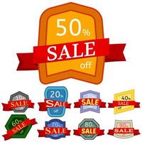 Set of different nine discount stickers. Colorful badges with red ribbon for sale 10 - 90 percent off. Vector illustration.