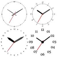 un conjunto de cuatro mecánico relojes reloj cara en blanco antecedentes. vector