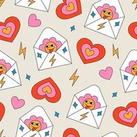 Seamless pattern with an envelope with a flower inside and hearts. Love message concept. Retro style cartoon vector illustration