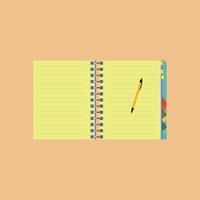 Notepad with pen in top view. Sketchbook or open diary. Office and business stationery flat Vector illustration.