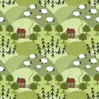 Sheep in the meadow, forest with a wolf. Seamless pattern. Vector illustration