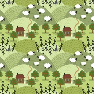 Sheep in the meadow, forest with a wolf. Seamless pattern. Vector illustration