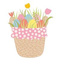 Happy Easter. Easter basket with eggs and spring flowers. Hand drawn greeting card with wicker basket with colourful eggs, tulips and green grass. Vector stock illustration.