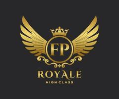 Golden Letter FP template logo Luxury gold letter with crown. Monogram alphabet . Beautiful royal initials letter. vector