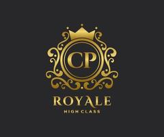 Golden Letter CP template logo Luxury gold letter with crown. Monogram alphabet . Beautiful royal initials letter. vector