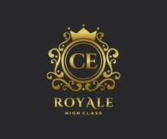 Golden Letter CE template logo Luxury gold letter with crown. Monogram alphabet . Beautiful royal initials letter. vector