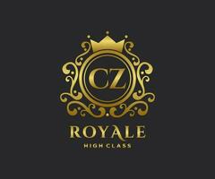 Golden Letter CZ template logo Luxury gold letter with crown. Monogram alphabet . Beautiful royal initials letter. vector