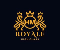 Golden Letter HM template logo Luxury gold letter with crown. Monogram alphabet . Beautiful royal initials letter. vector
