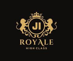 Golden Letter JI template logo Luxury gold letter with crown. Monogram alphabet . Beautiful royal initials letter. vector