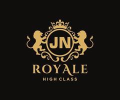 Golden Letter JN template logo Luxury gold letter with crown. Monogram alphabet . Beautiful royal initials letter. vector