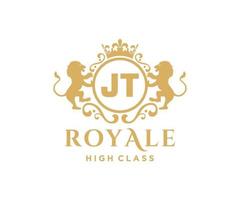 Golden Letter JT template logo Luxury gold letter with crown. Monogram alphabet . Beautiful royal initials letter. vector