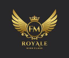 Golden Letter FM template logo Luxury gold letter with crown. Monogram alphabet . Beautiful royal initials letter. vector