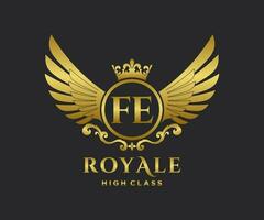 Golden Letter FE template logo Luxury gold letter with crown. Monogram alphabet . Beautiful royal initials letter. vector