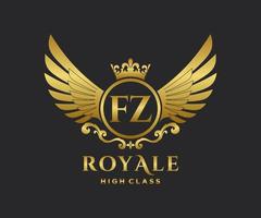 Golden Letter FZ template logo Luxury gold letter with crown. Monogram alphabet . Beautiful royal initials letter. vector
