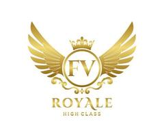 Golden Letter FV template logo Luxury gold letter with crown. Monogram alphabet . Beautiful royal initials letter. vector