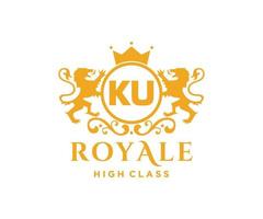 Golden Letter KU template logo Luxury gold letter with crown. Monogram alphabet . Beautiful royal initials letter. vector