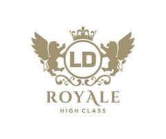 Golden Letter LD template logo Luxury gold letter with crown. Monogram alphabet . Beautiful royal initials letter. vector