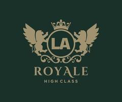 Golden Letter LA template logo Luxury gold letter with crown. Monogram alphabet . Beautiful royal initials letter. vector