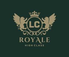 Golden Letter LC template logo Luxury gold letter with crown. Monogram alphabet . Beautiful royal initials letter. vector