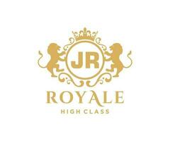 Golden Letter JR template logo Luxury gold letter with crown. Monogram alphabet . Beautiful royal initials letter. vector