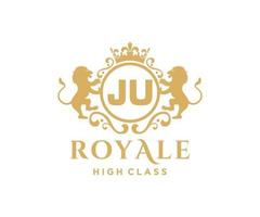 Golden Letter JU template logo Luxury gold letter with crown. Monogram alphabet . Beautiful royal initials letter. vector