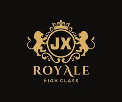 Golden Letter JX template logo Luxury gold letter with crown. Monogram alphabet . Beautiful royal initials letter. vector