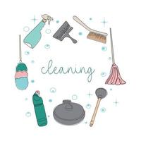 Background of cleaning equipment. Vector illustration isolated on a white background. Cleaning tools in one line.