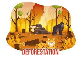 Deforestation Illustration with Tree in the Felled Forest and Burning Into Pollution Causing the Extinction of Animals in Cartoon Hand Drawn Templates vector