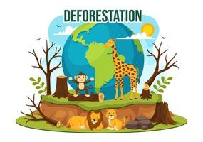 deforestación ilustración con árbol en el derribado bosque y ardiente dentro contaminación causando el extinción de animales en dibujos animados mano dibujado plantillas vector