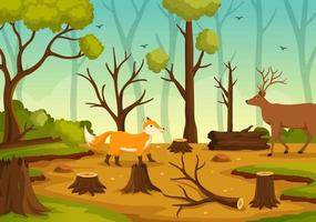 Deforestation Illustration with Tree in the Felled Forest and Burning Into Pollution Causing the Extinction of Animals in Cartoon Hand Drawn Templates vector