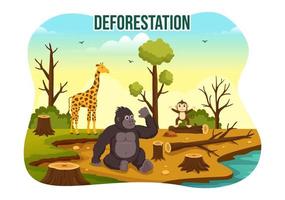 Deforestation Illustration with Tree in the Felled Forest and Burning Into Pollution Causing the Extinction of Animals in Cartoon Hand Drawn Templates vector