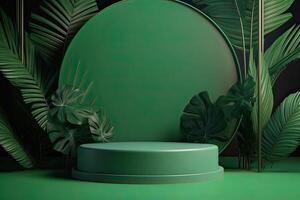 Minimal modern product display on green background with fresh palm leaves and shadows. Minimal Podium with Palm Leaf Summer Template Abstract Background. . photo