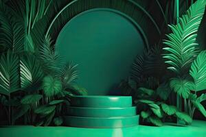 Minimal modern product display on green background with fresh palm leaves and shadows. Minimal Podium with Palm Leaf Summer Template Abstract Background. . photo