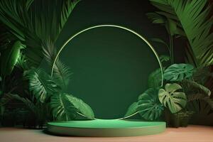 Minimal modern product display on green background with fresh palm leaves and shadows. Minimal Podium with Palm Leaf Summer Template Abstract Background. . photo