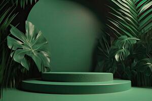 Minimal modern product display on green background with fresh palm leaves and shadows. Minimal Podium with Palm Leaf Summer Template Abstract Background. . photo