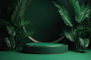 Minimal modern product display on green background with fresh palm leaves and shadows. Minimal Podium with Palm Leaf Summer Template Abstract Background. . photo