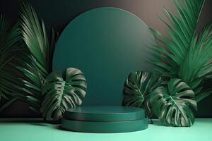 Minimal modern product display on green background with fresh palm leaves and shadows. Minimal Podium with Palm Leaf Summer Template Abstract Background. . photo