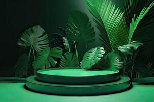 Minimal modern product display on green background with fresh palm leaves and shadows. Minimal Podium with Palm Leaf Summer Template Abstract Background. . photo