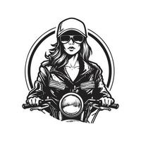 impresionante motorista chica, logo concepto negro y blanco color, mano dibujado ilustración vector