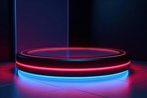 3d cylinder stand or podium in Sci-fi dark abstract room with illuminate circles neon lamp and shiny glitter in window. 3d rendering product display. Futuristic minimal scene. . photo