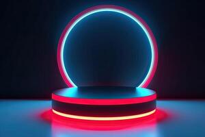 3d cylinder stand or podium in Sci-fi dark abstract room with illuminate circles neon lamp and shiny glitter in window. 3d rendering product display. Futuristic minimal scene. . photo