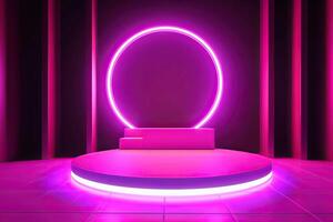 3d cylinder stand or podium in Sci-fi dark abstract room with illuminate circles neon lamp and shiny glitter in window. 3d rendering product display. Futuristic minimal scene. . photo