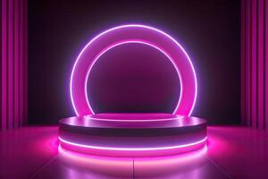 3d cylinder stand or podium in Sci-fi dark abstract room with illuminate circles neon lamp and shiny glitter in window. 3d rendering product display. Futuristic minimal scene. . photo
