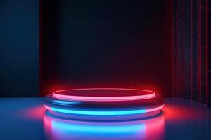 3d cylinder stand or podium in Sci-fi dark abstract room with illuminate circles neon lamp and shiny glitter in window. 3d rendering product display. Futuristic minimal scene. . photo