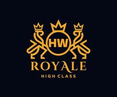 Golden Letter HW template logo Luxury gold letter with crown. Monogram alphabet . Beautiful royal initials letter. vector